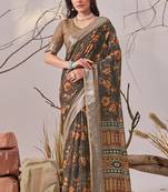 Linen Cotton Saree with Beautiful floral pattern With Blouse Set