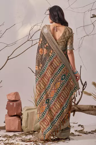 brown linen cotton saree with floral printed design