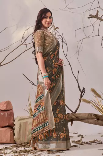 brown linen cotton saree with floral printed design