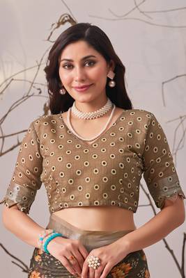 brown linen cotton saree with floral printed design 5