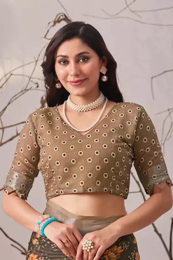 brown linen cotton saree with floral printed design