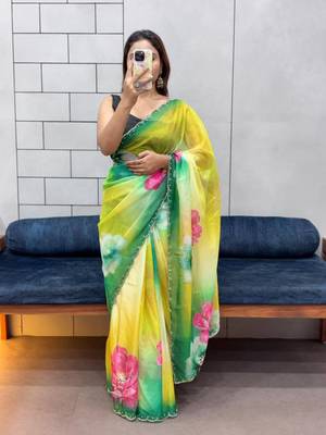 multicolor organza saree with floral handwork design 1