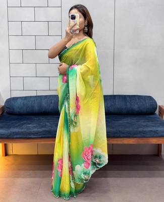 multicolor organza saree with floral handwork design 2