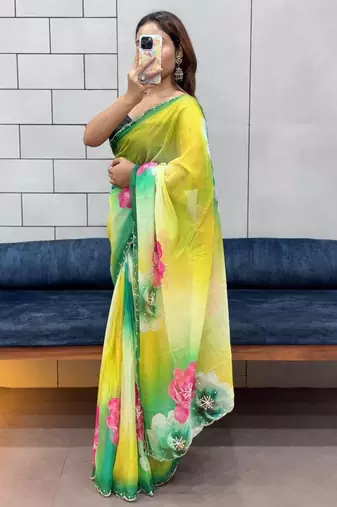 multicolor organza saree with floral handwork design