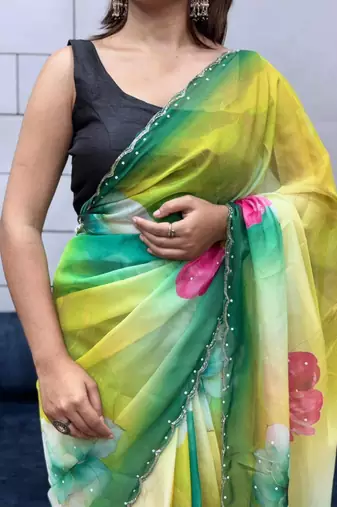 multicolor organza saree with floral handwork design
