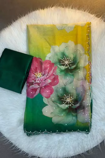 multicolor organza saree with floral handwork design