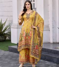 Mustard chinon chiffon floral printed a-line kurta with palazzo & printed dupatta