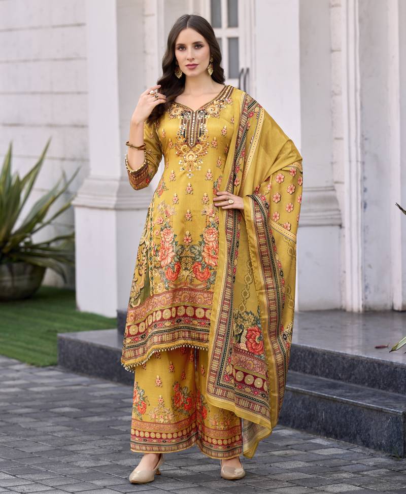 Mustard chinon chiffon floral printed a-line kurta with palazzo & printed dupatta