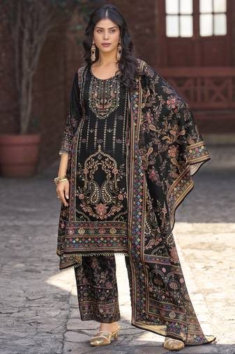 Black chinon chiffon floral printed a-line kurta with palazzo & printed dupatta