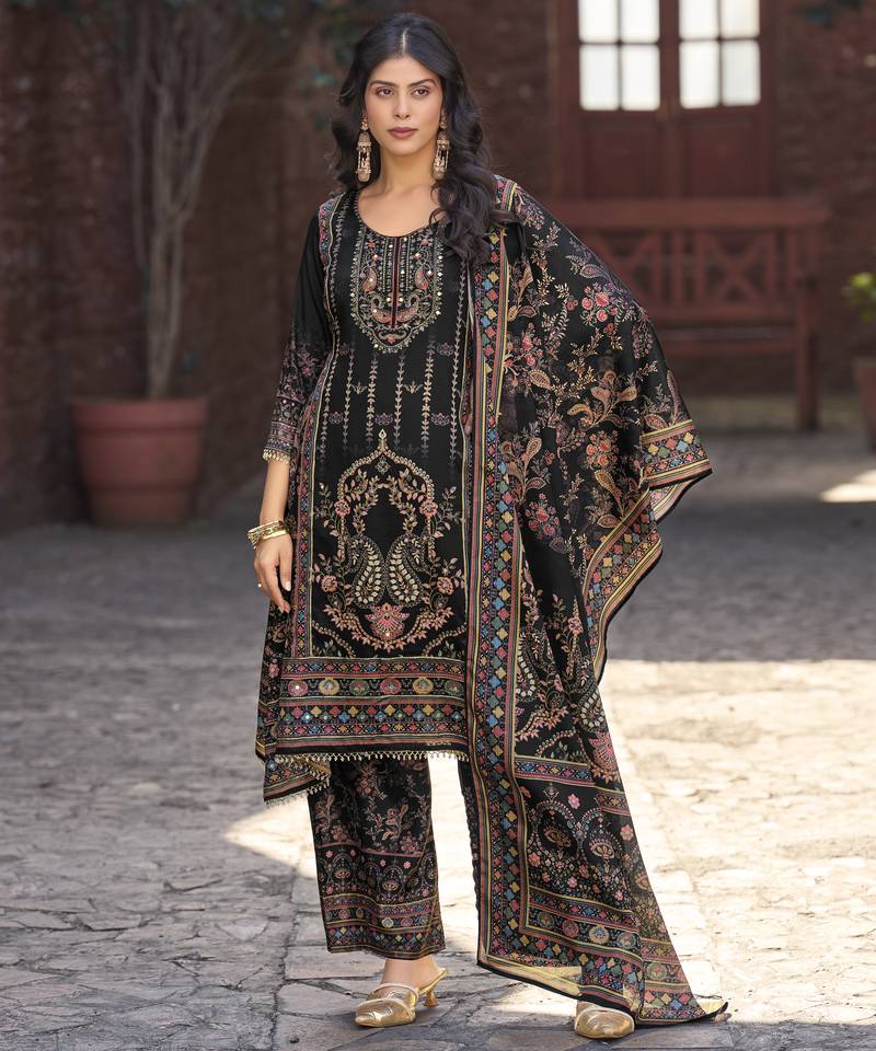 Black chinon chiffon floral printed a-line kurta with palazzo & printed dupatta