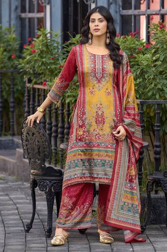 Red chinon chiffon floral printed a-line kurta with palazzo & printed dupatta