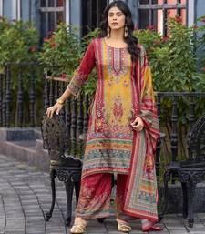 Red chinon chiffon floral printed a-line kurta with palazzo & printed dupatta