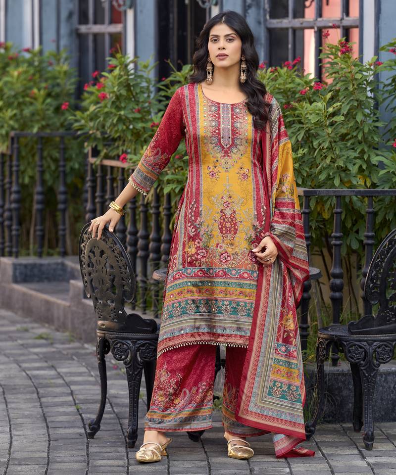 Red chinon chiffon floral printed a-line kurta with palazzo & printed dupatta