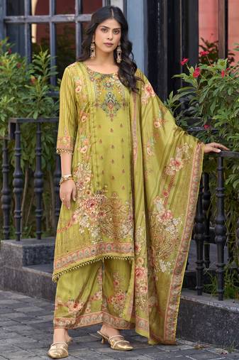 Olive green chinon chiffon floral printed a-line kurta with palazzo & printed dupatta