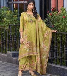 Olive green chinon chiffon floral printed a-line kurta with palazzo & printed dupatta