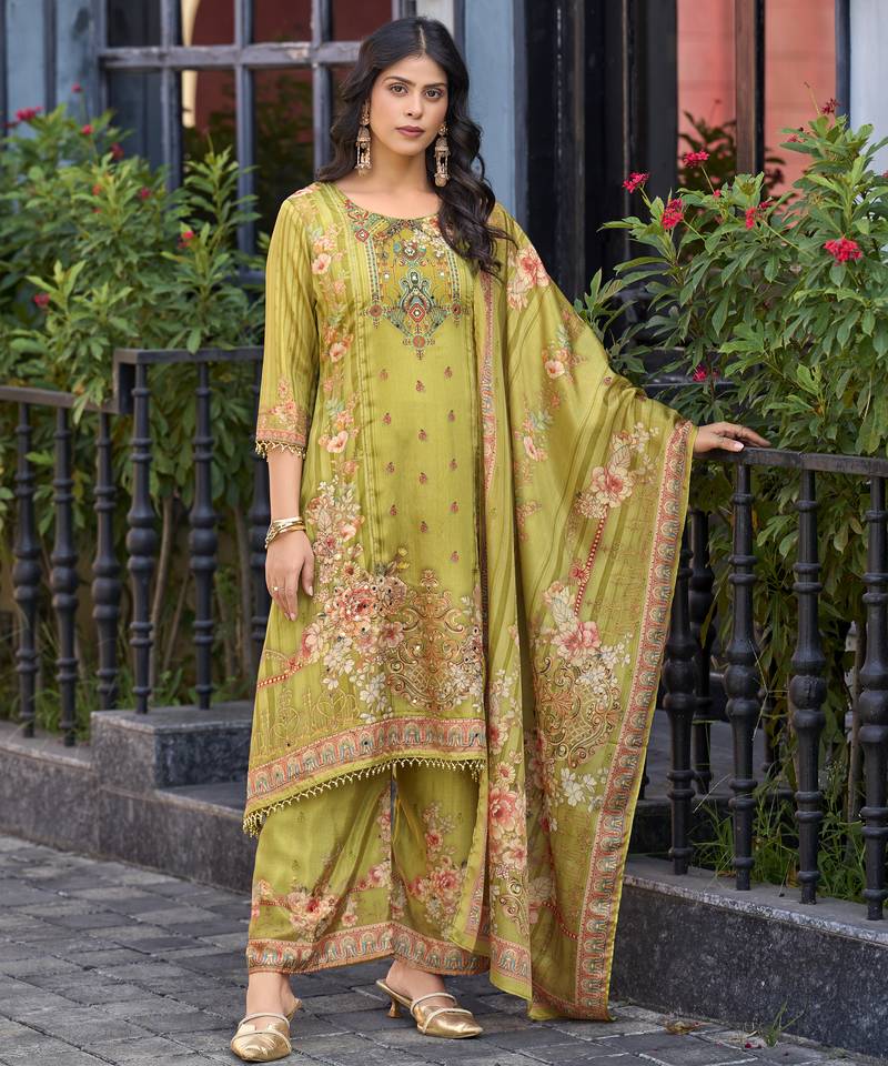 Olive green chinon chiffon floral printed a-line kurta with palazzo & printed dupatta
