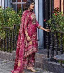 Magenta chinon chiffon floral printed a-line kurta with palazzo & printed dupatta