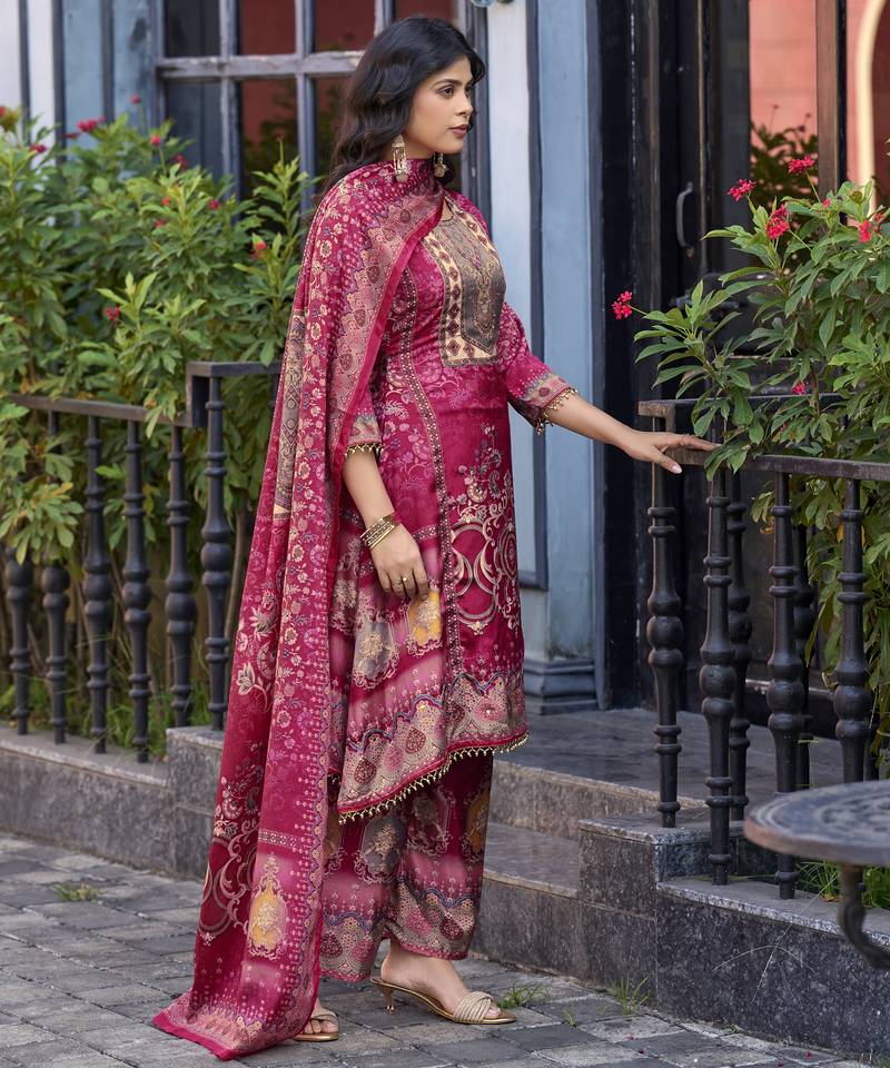 Magenta chinon chiffon floral printed a-line kurta with palazzo & printed dupatta