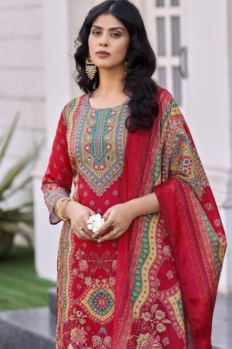 Red chinon chiffon abstract printed straight kurta with palazzo & printed dupatta