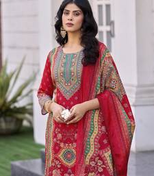 Red chinon chiffon abstract printed straight kurta with palazzo & printed dupatta
