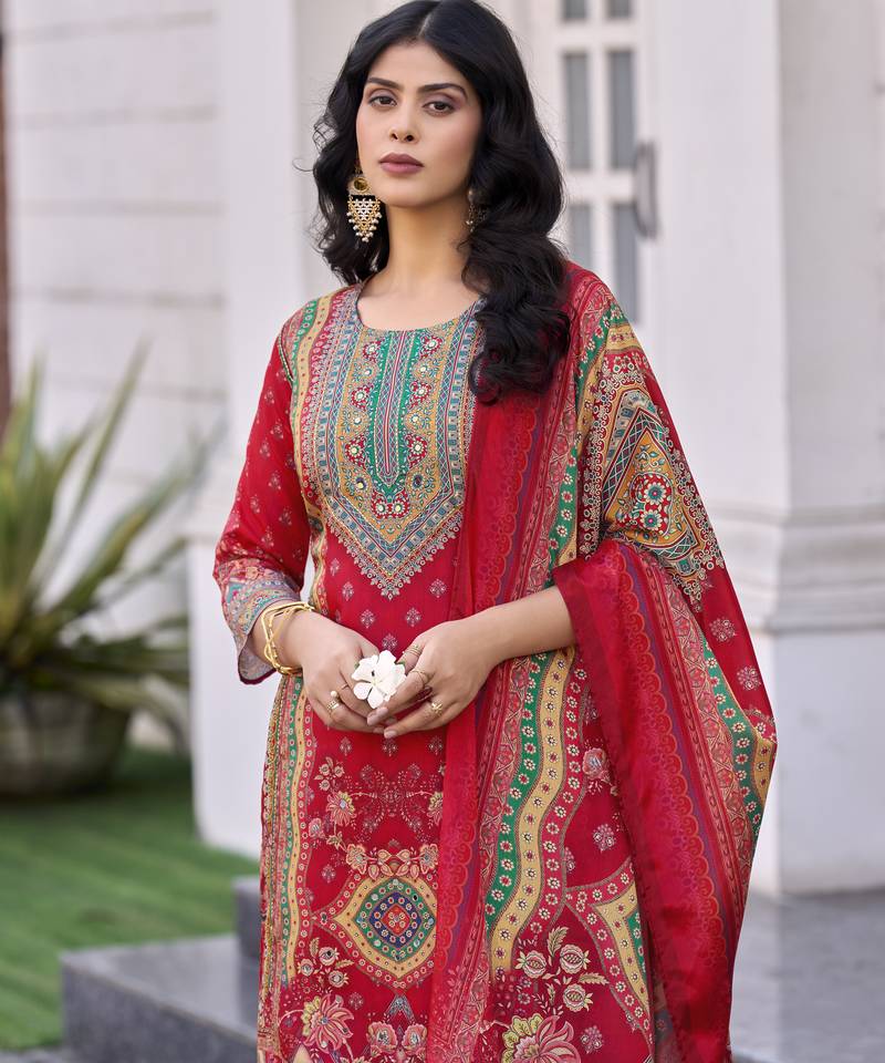 Red chinon chiffon abstract printed straight kurta with palazzo & printed dupatta