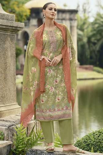 green lawn cotton embroidered dress material