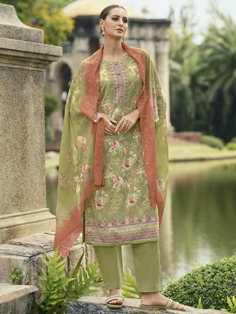green lawn cotton embroidered dress material
