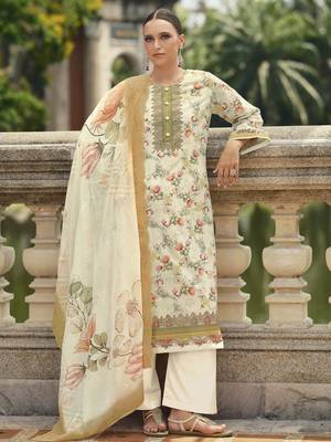 cream lawn cotton embroidered dress material 1