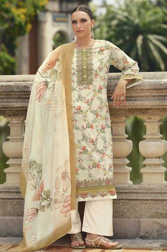 cream lawn cotton embroidered dress material