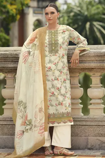 cream lawn cotton embroidered dress material