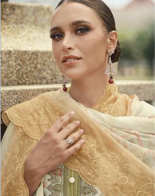 cream lawn cotton embroidered dress material 2