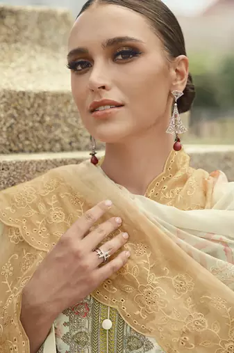 cream lawn cotton embroidered dress material