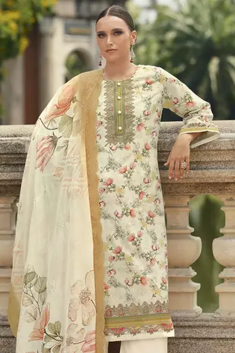 cream lawn cotton embroidered dress material