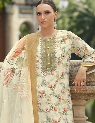 cream lawn cotton embroidered dress material 4