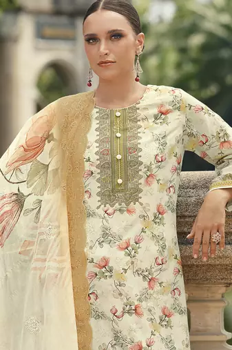 cream lawn cotton embroidered dress material
