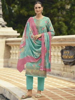 turquoise lawn cotton embroidered dress material 1