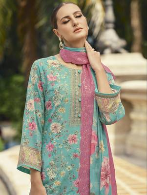 turquoise lawn cotton embroidered dress material 2