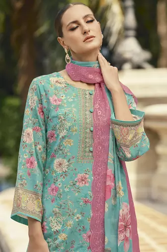 turquoise lawn cotton embroidered dress material
