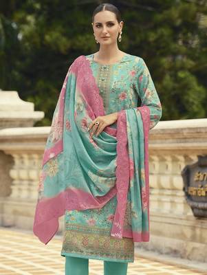 turquoise lawn cotton embroidered dress material 3