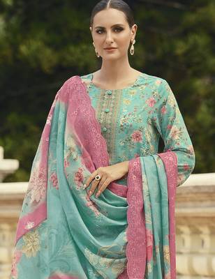 turquoise lawn cotton embroidered dress material 4