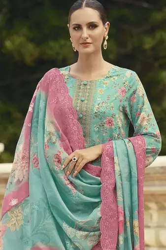 turquoise lawn cotton embroidered dress material