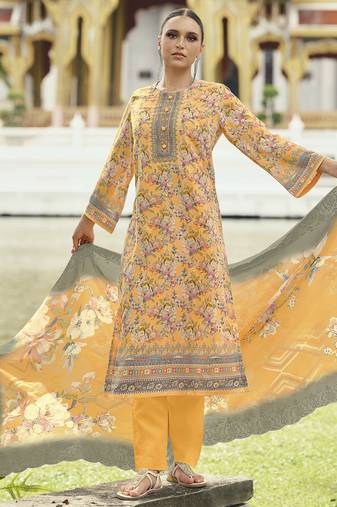 mustard lawn cotton embroidered dress material