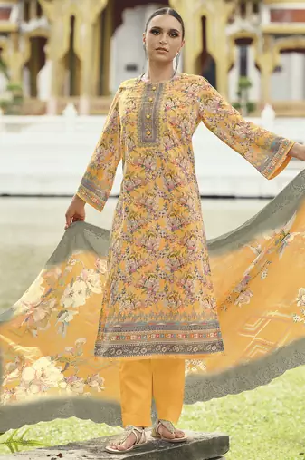 mustard lawn cotton embroidered dress material