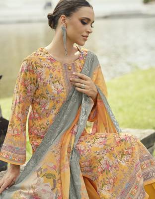 mustard lawn cotton embroidered dress material 2