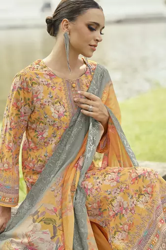 mustard lawn cotton embroidered dress material