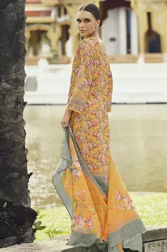 mustard lawn cotton embroidered dress material