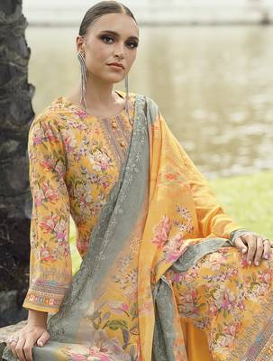 mustard lawn cotton embroidered dress material 4