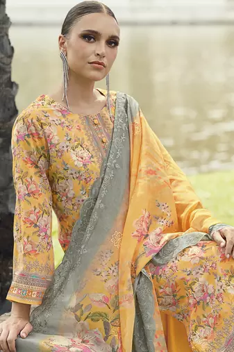 mustard lawn cotton embroidered dress material