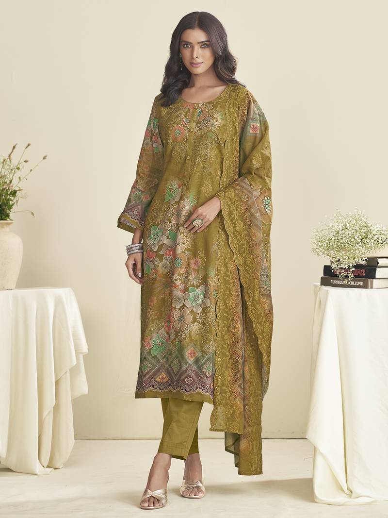 green lawn cotton embroidered dress material