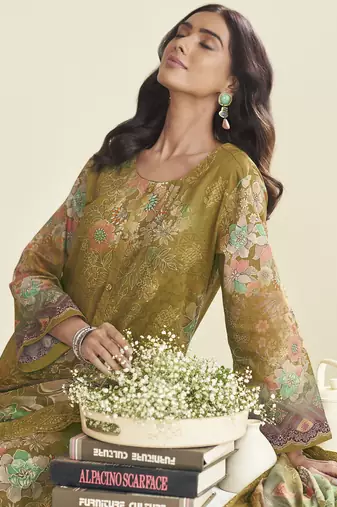green lawn cotton embroidered dress material